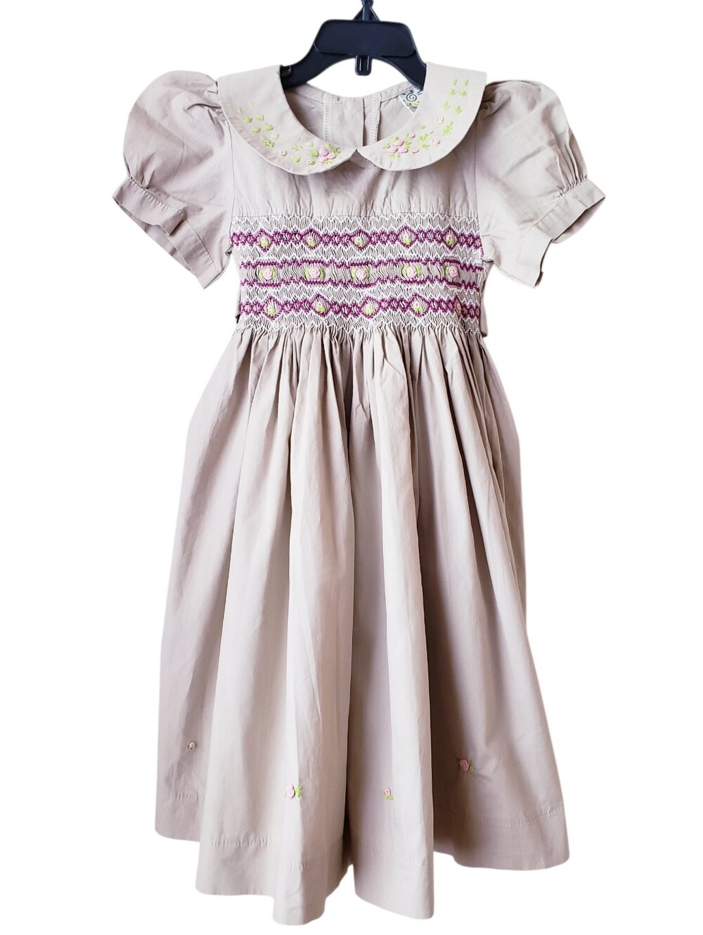 Vintage Tan Smocked Dress With Lil Rosette Detail